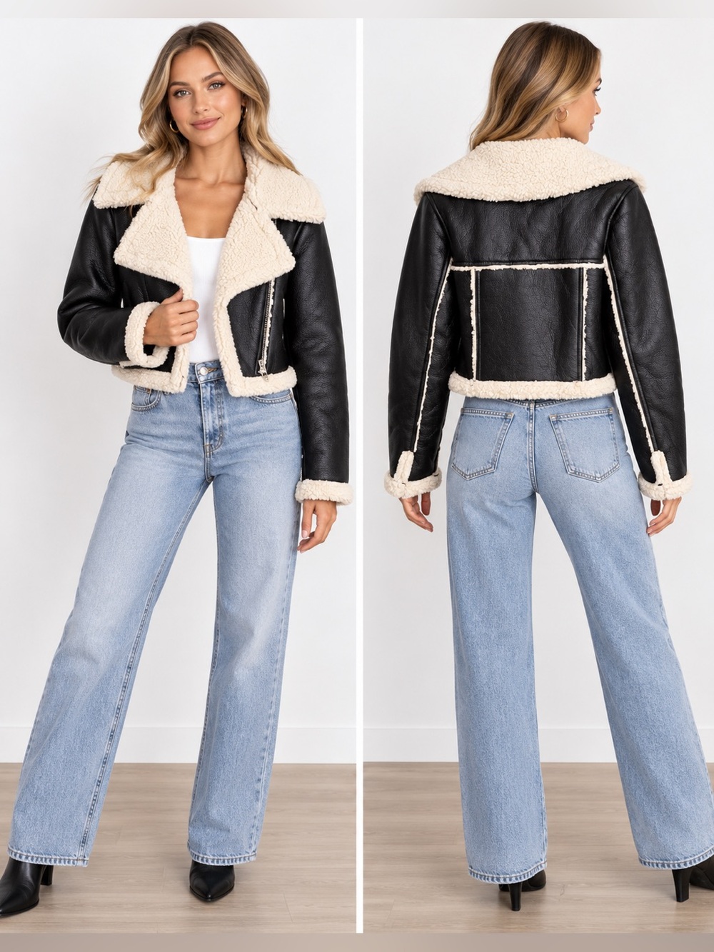 Cider Faux Shearling Collar Crop Jacket Black & White XS
